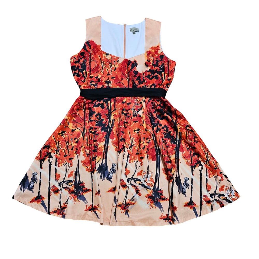 Lindy‎ Bop Orange Autumn Fox Tie Waist Fit & Flare Dress Size 18 Whimsy Artsy